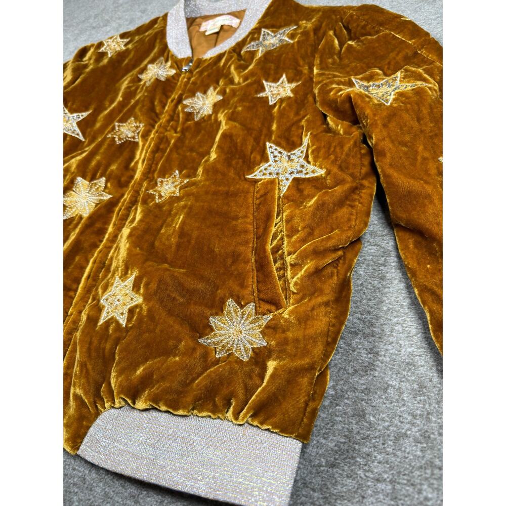 Band of Gypsies L'Astra Gold Velvet Star Embroidered Bomber Jacket Women S Boho - Picture 2 of 10